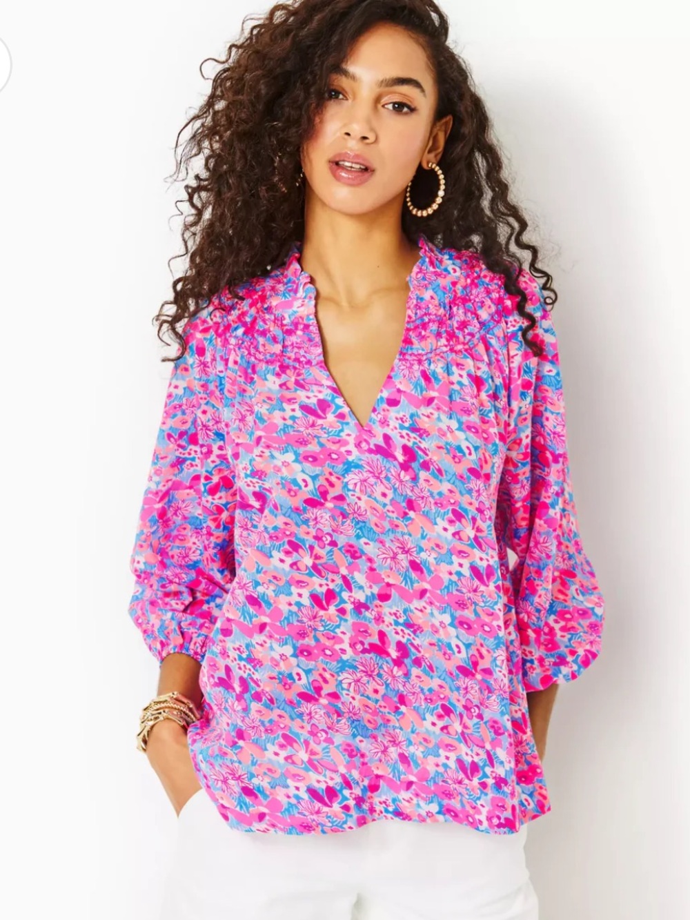 NWT Lilly Pulitzer Lourdes 3/4 Sleeve Shirt in Aura Pink Baby Bloomer